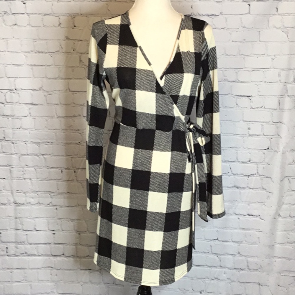 Mts Black and Cream Buffalo Plaid Mock wrap Dress